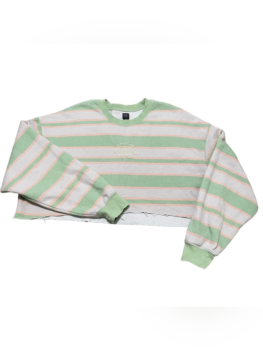BDG Cropped Oversized Crewneck Sweater in Mint Green, Pink & White Stripes